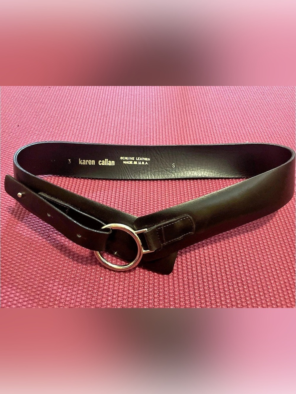 VTG Karen Callan Black Leather O-Ring Belt Size S Made in USA - Pristine
